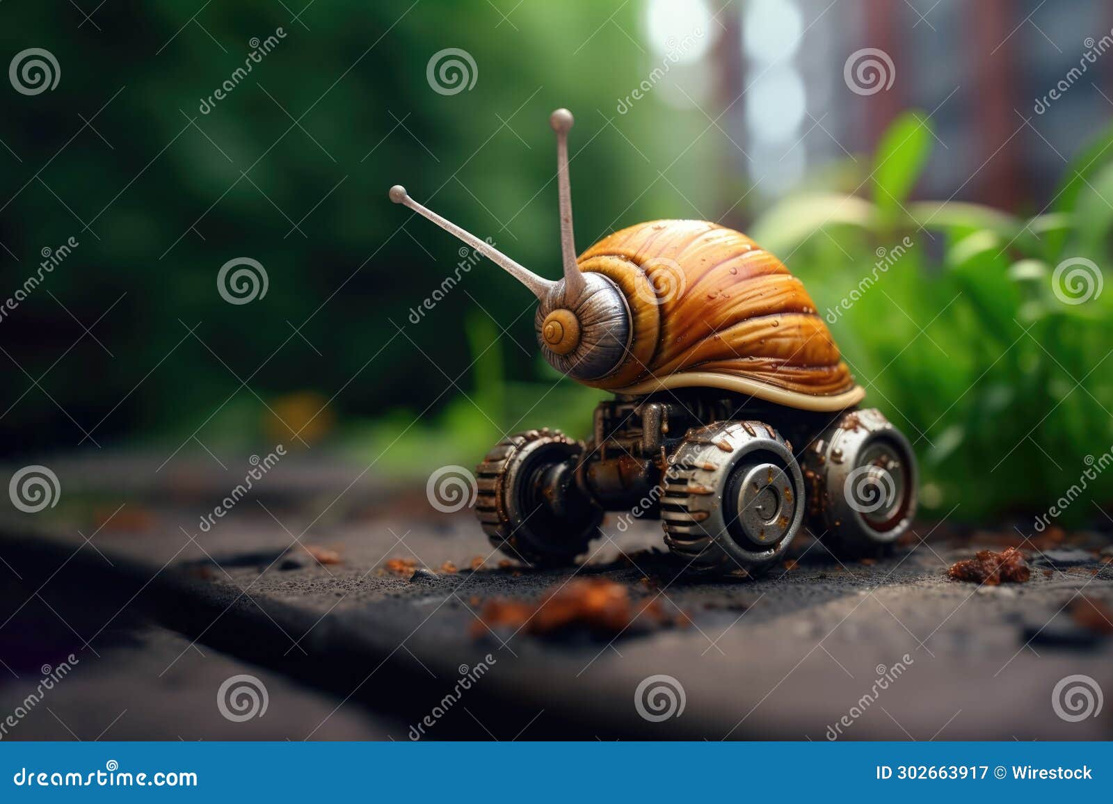ai generated  of an imaginary robotic snail with wheels atop a bed of lush green foliage