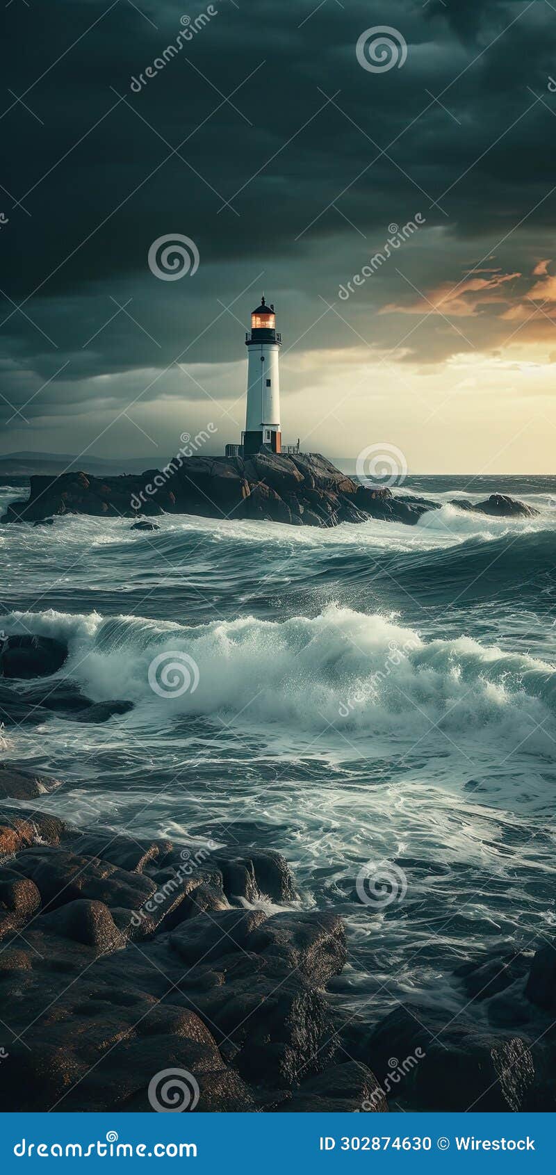 ai generated  of a lighthouse on a rocky outcrop, against the backdrop of a dramatic sky