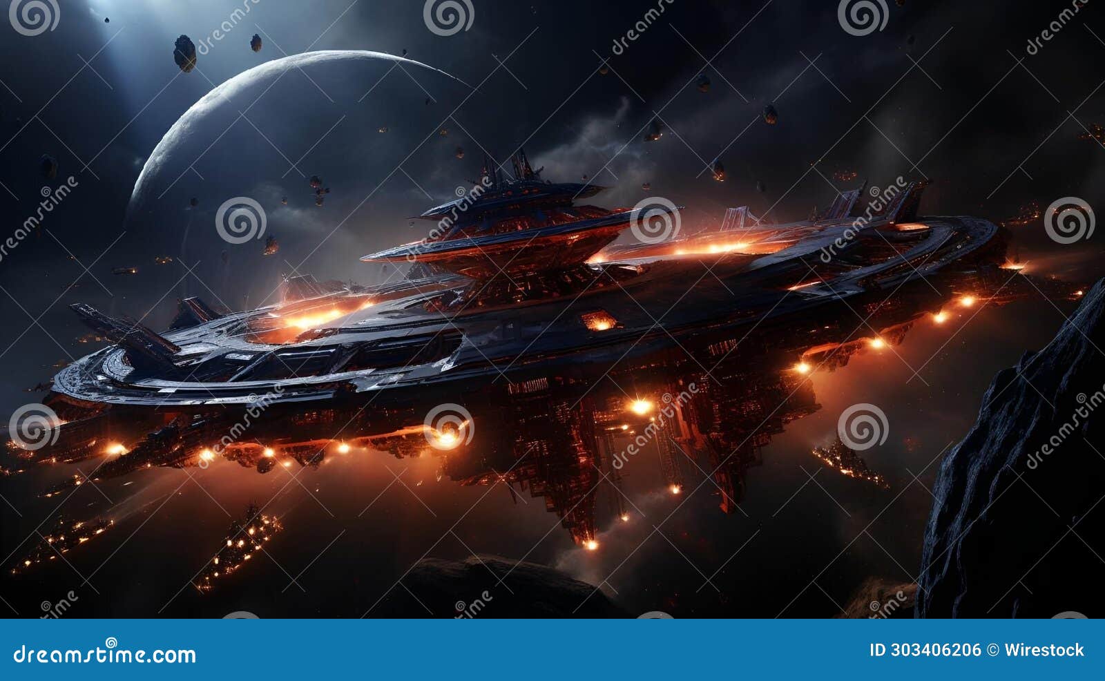 ai generated  of a mothership deploys its starfighters in orbit of a planet