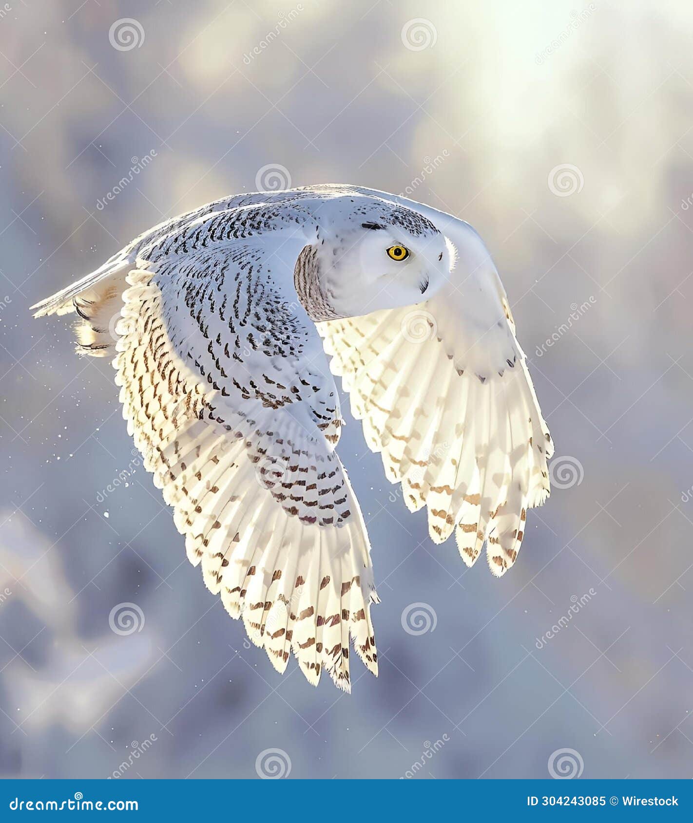 An Owl is Flying in the Air Near Some Snow Covered Trees Stock ...