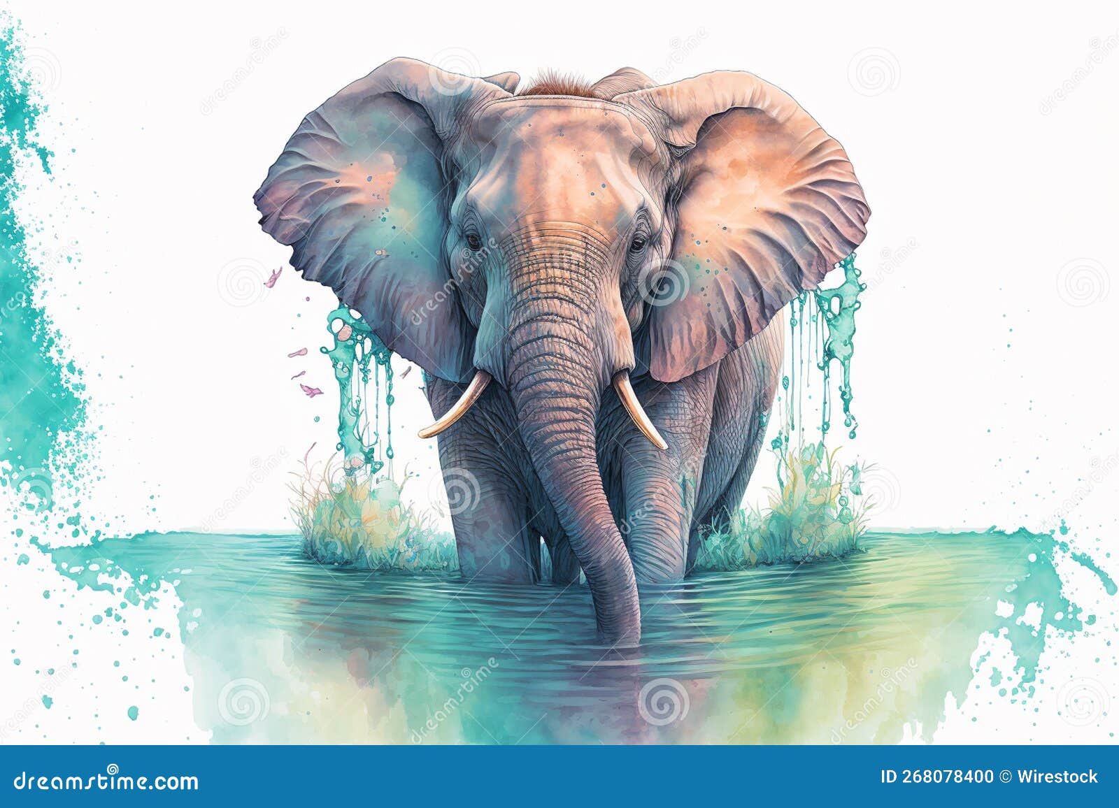 AI Generated Illustration of a Painted Elephant in Turquoise Waters