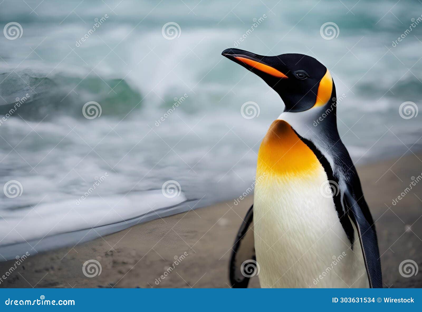ai generated  of a penguin standing in the sand near the shore of a beach