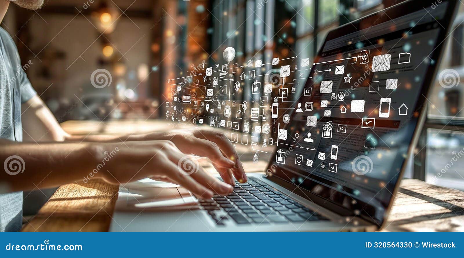 ai generated  of a person working on laptop surrounded by digital images on a table