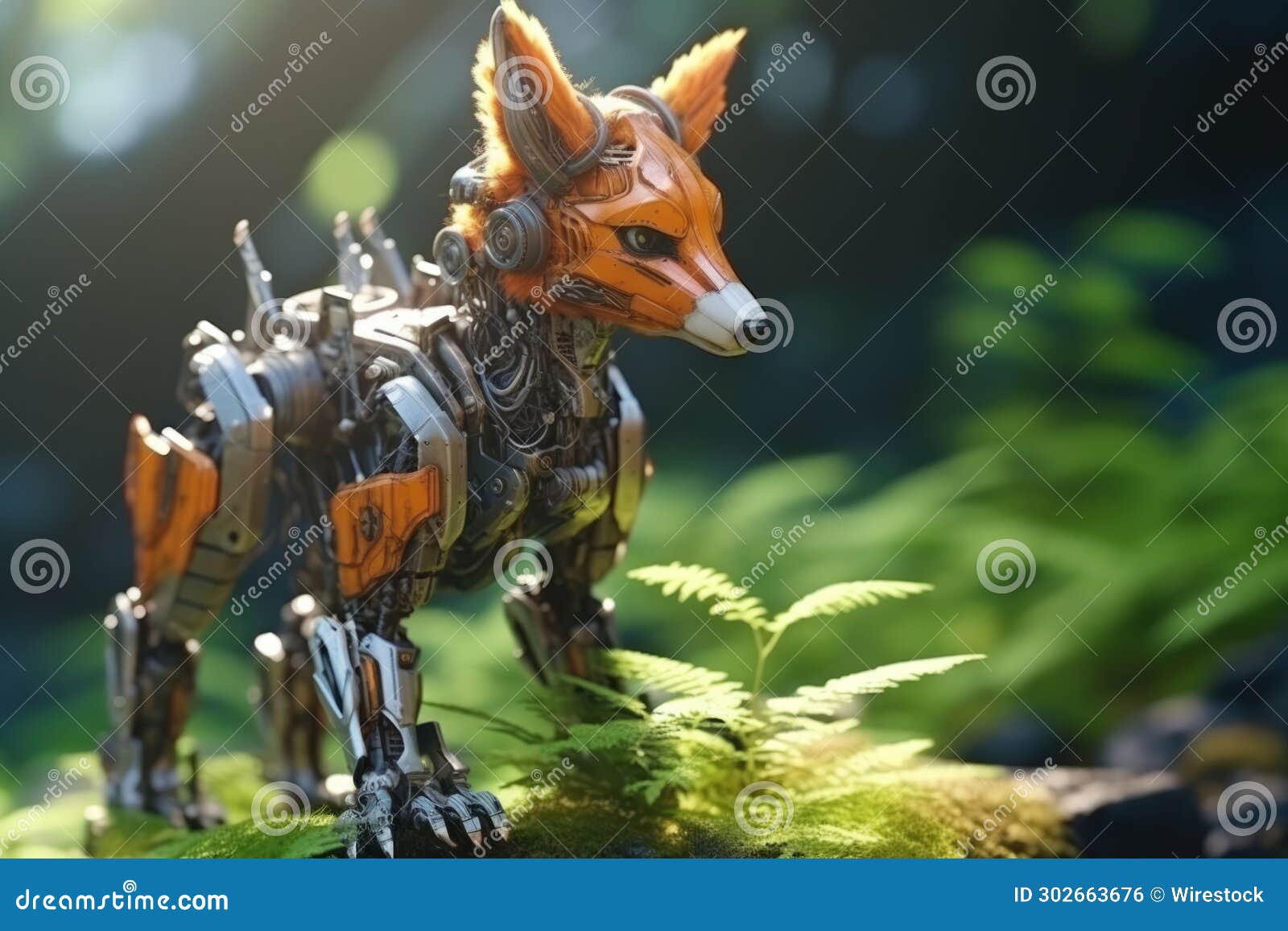 ai generated  of a robotic fox constructed from metal and orange components