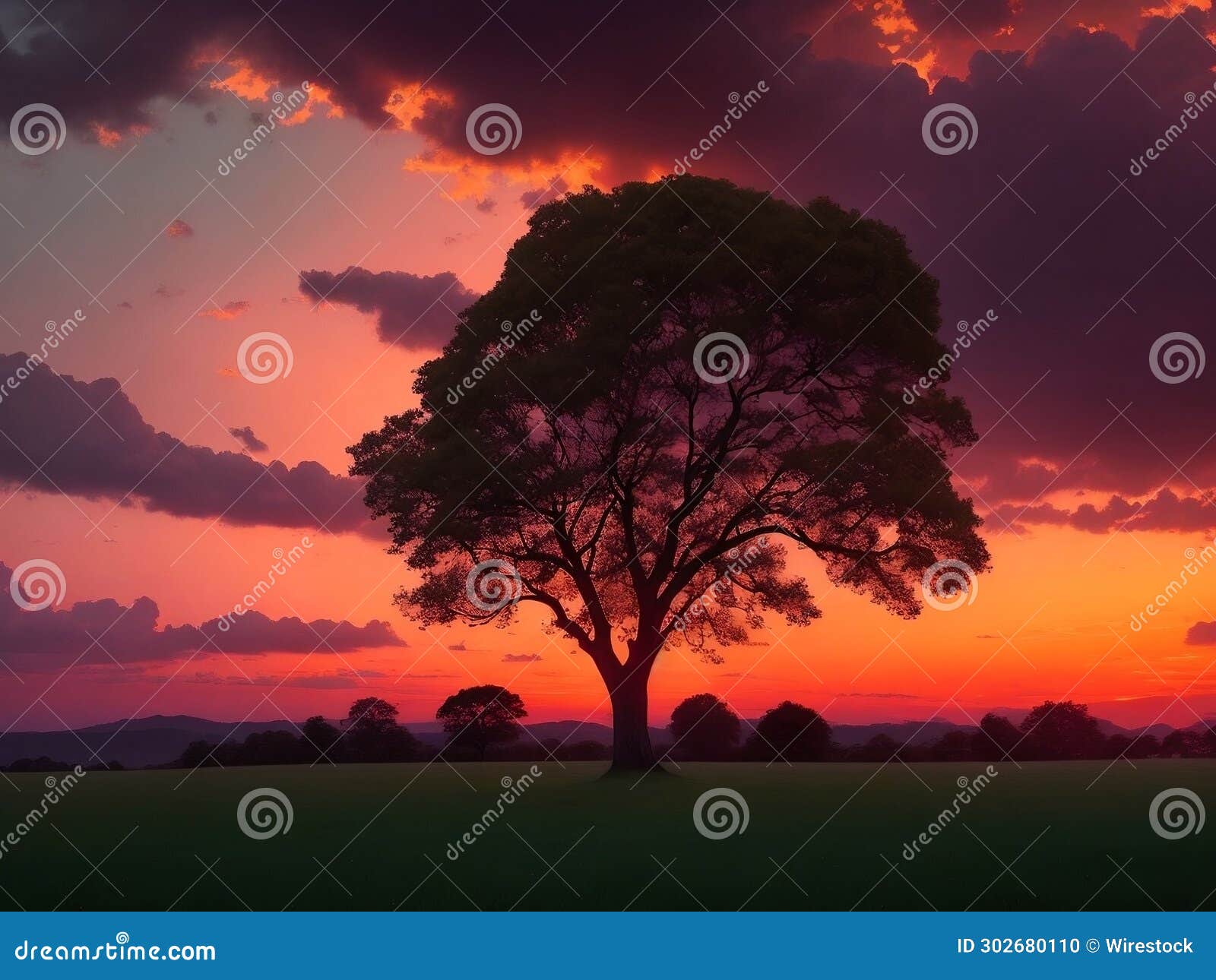ai generated  of a single tree silhouetted against an ombre sky as the sun sets