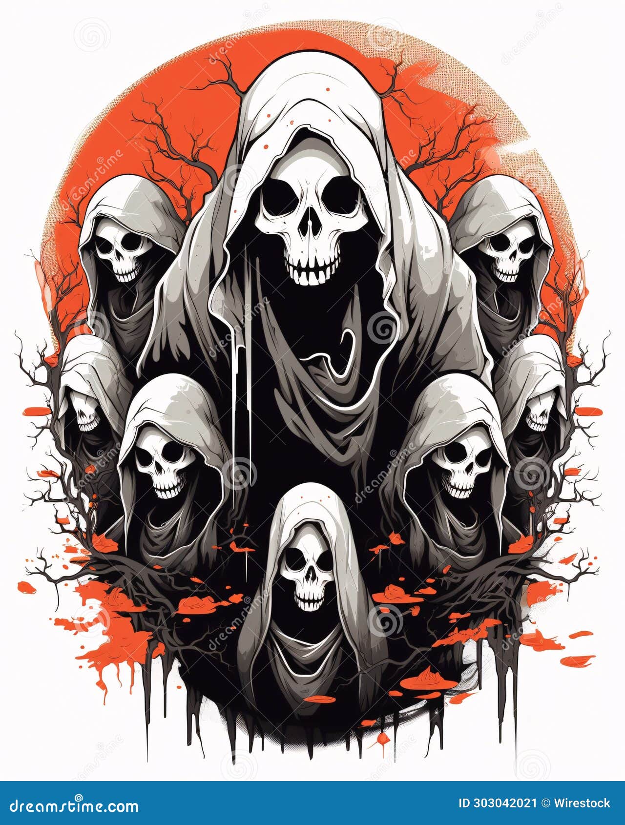 ai generated  of skeletons in robes in front of an abstract orange circle