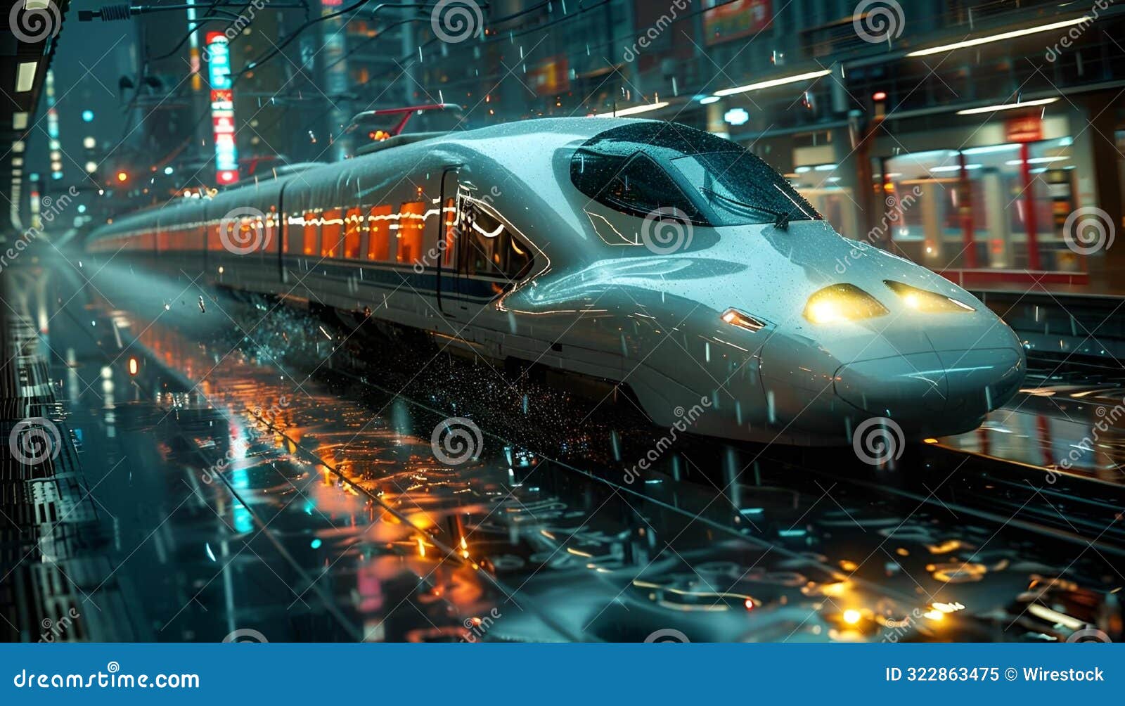 ai generated  of a sleek, illuminated bullet train on tracks