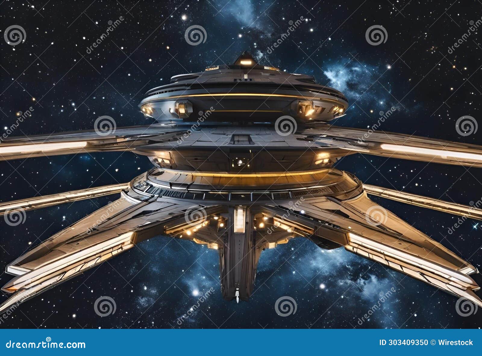 ai generated  of a sleek silver spaceship illuminated against a starry blacksky