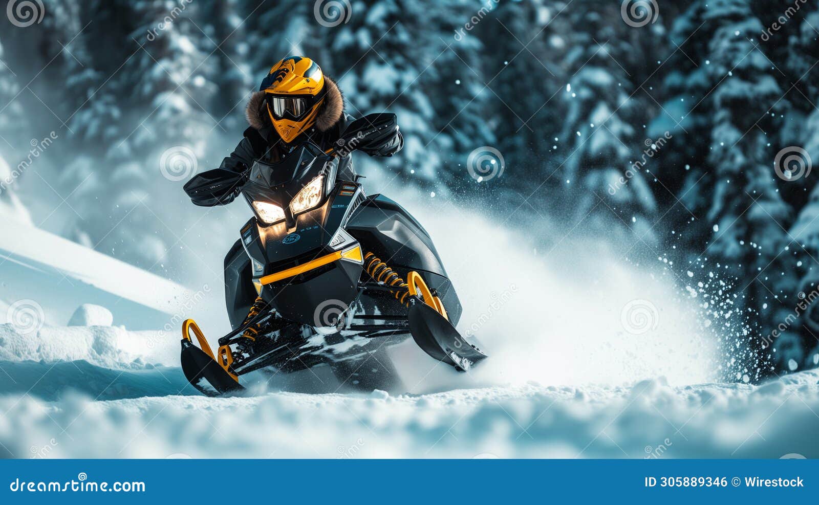 ai generated  of a snowmobiler riding in snowy mountains with a scenic forest backdrop