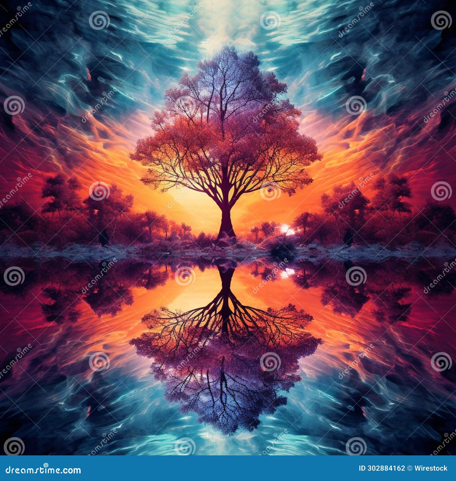an artistic landscape with a tree on it and its reflection