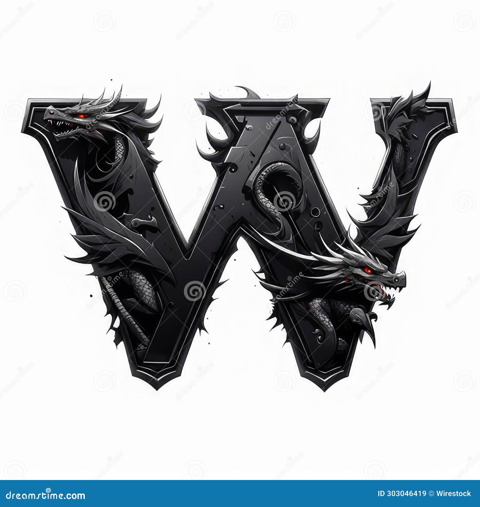 the letter w is decorated with black dragon artwork  s