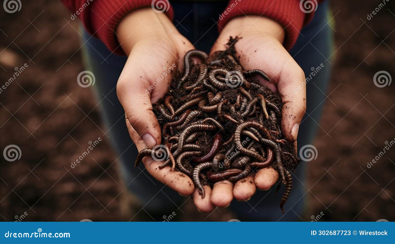 ai generated  of two hands clasping a handful of earthworms and soil