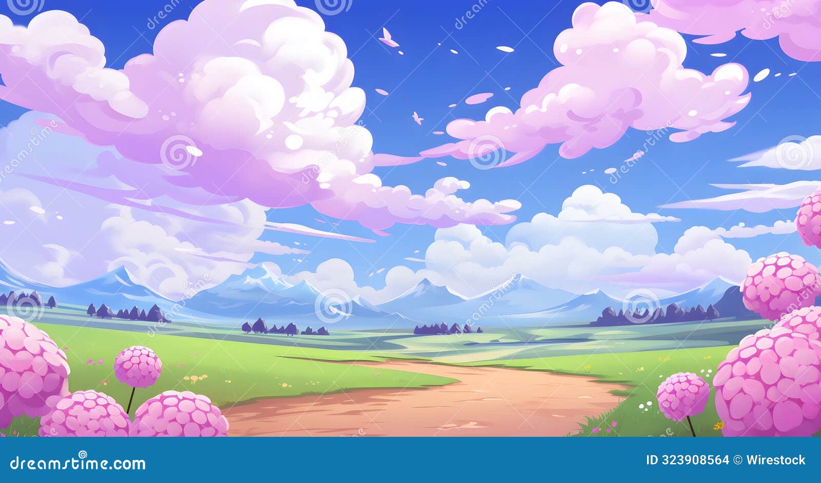 a vibrant digital  of a scenic landscape with pink clouds, mountains, and a dirt path