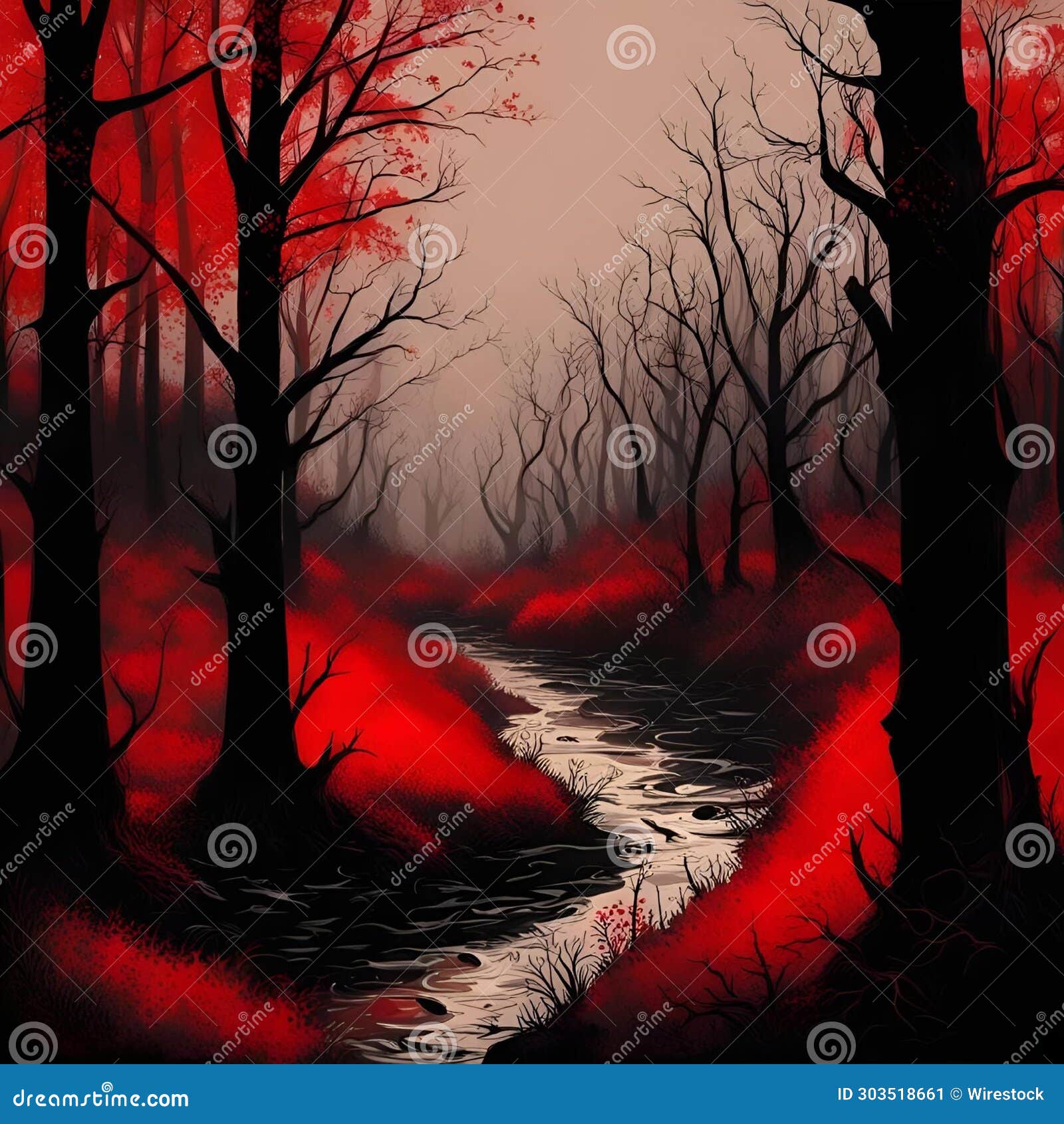a stream is painted in red paint on the ground next to the trees