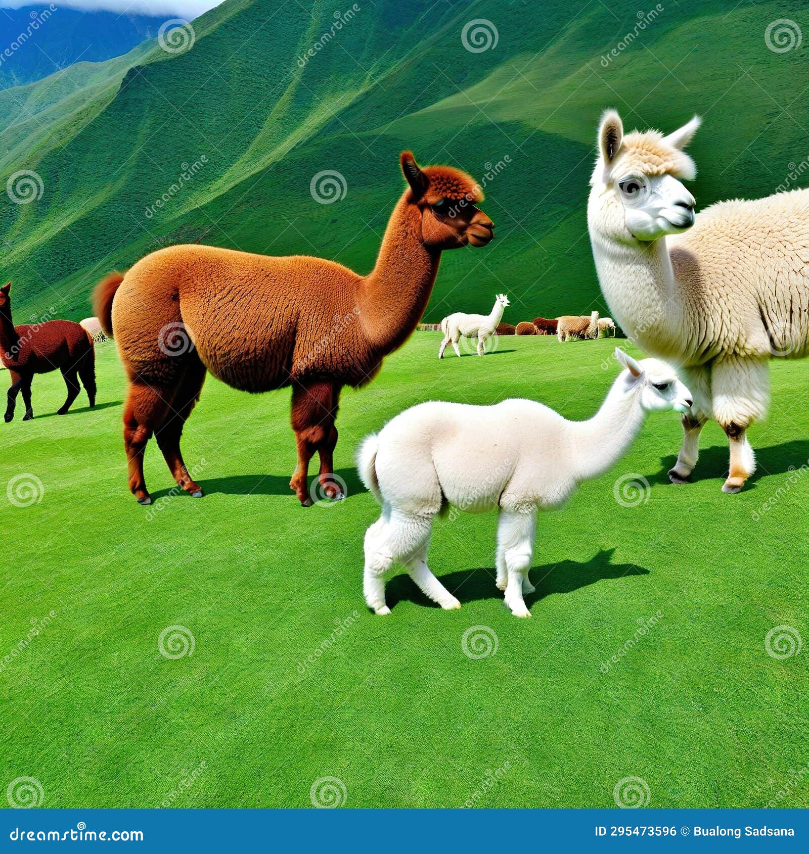 ai generated  wildlife concept of a cute alpaca herd grazes on green grass generated
