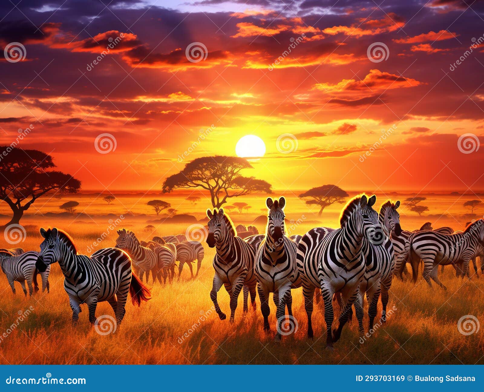 Ai Generated Illustration Wildlife Concept Of Zebras Herd On African Savanna At Sunset Stock