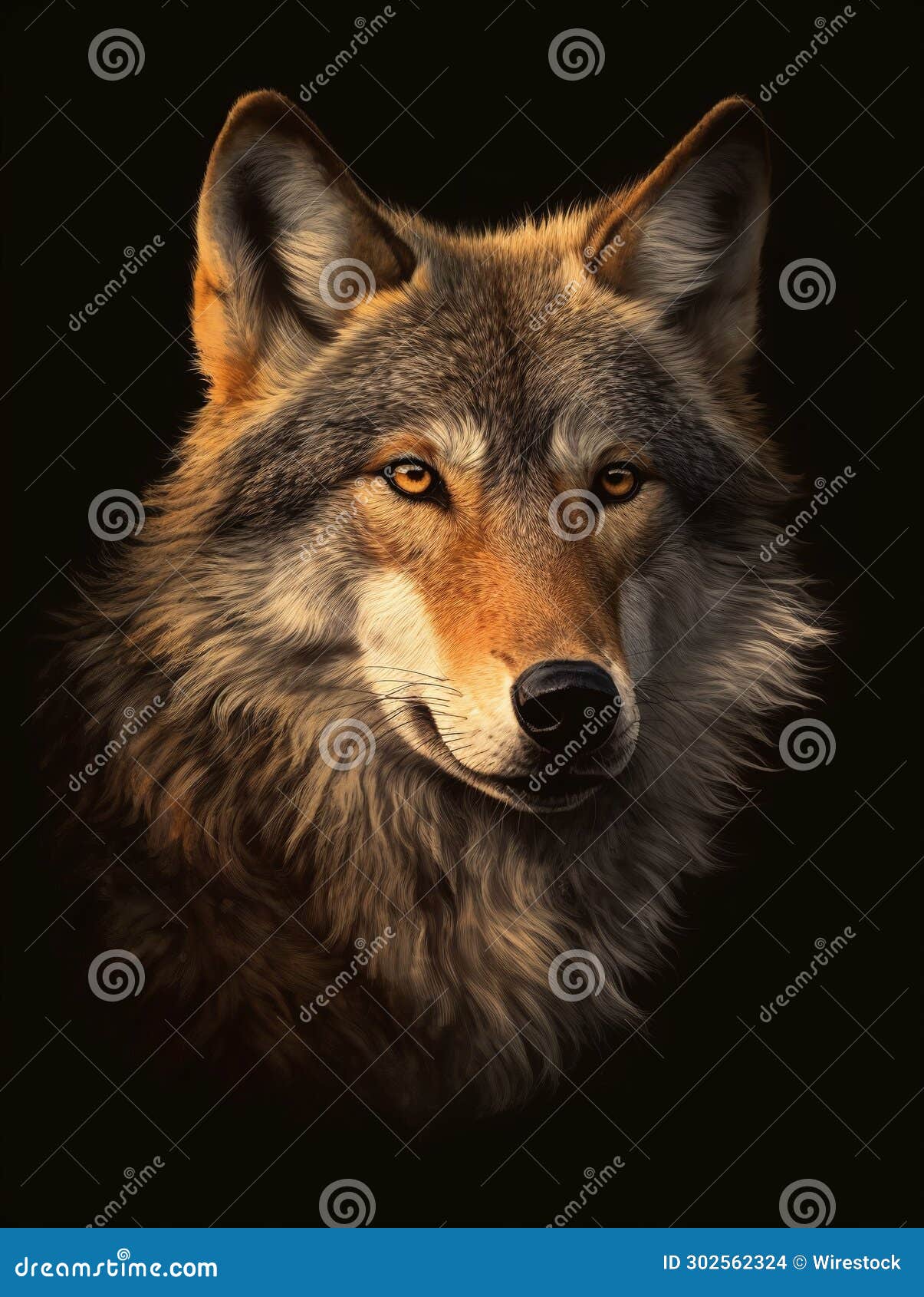 ai generated  of a wolf's face against a dark background illuminated by its glowing eyes
