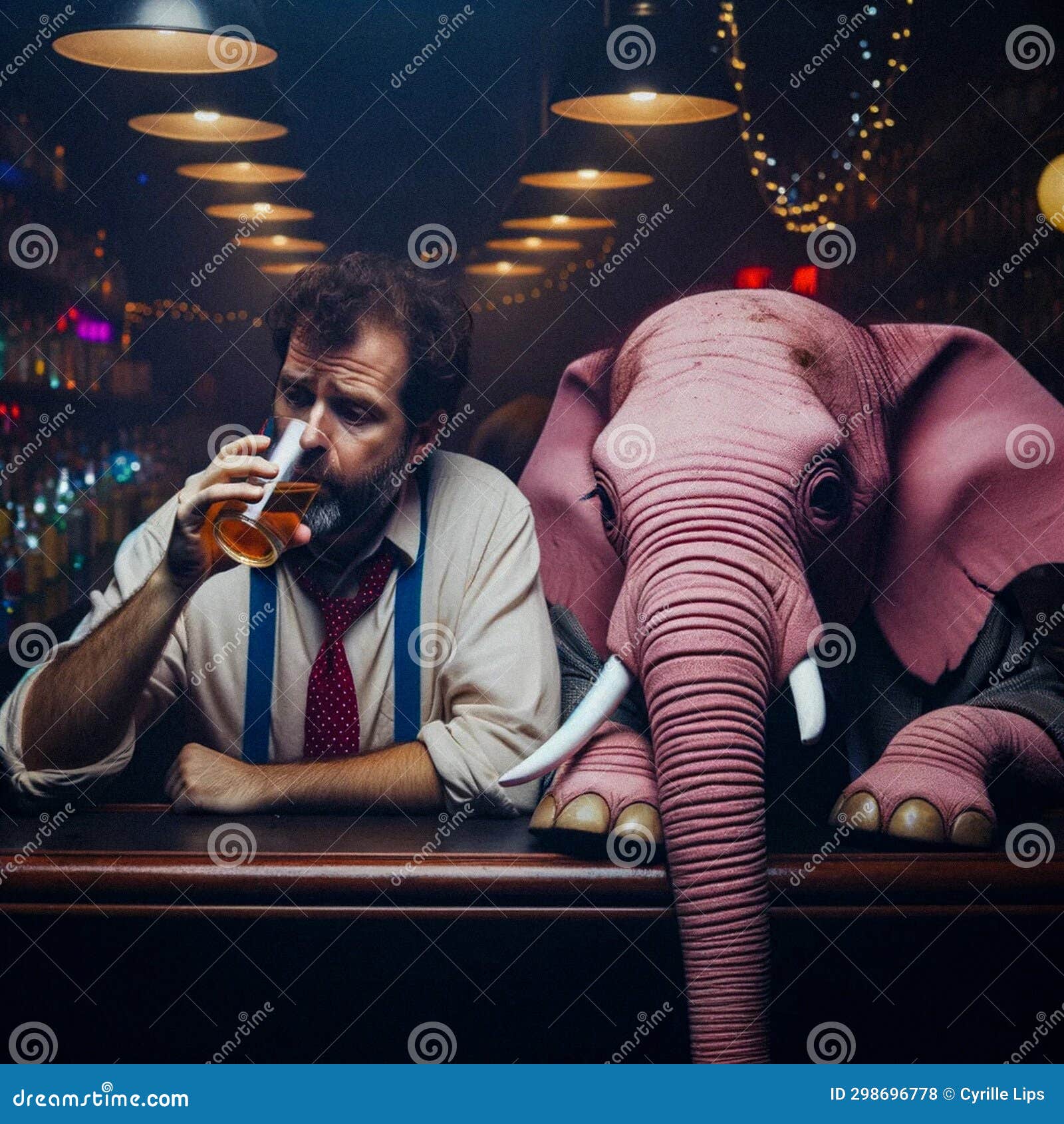AIGenerated Image Alcoholic Man Drinking with Pink Elephant in a Bar