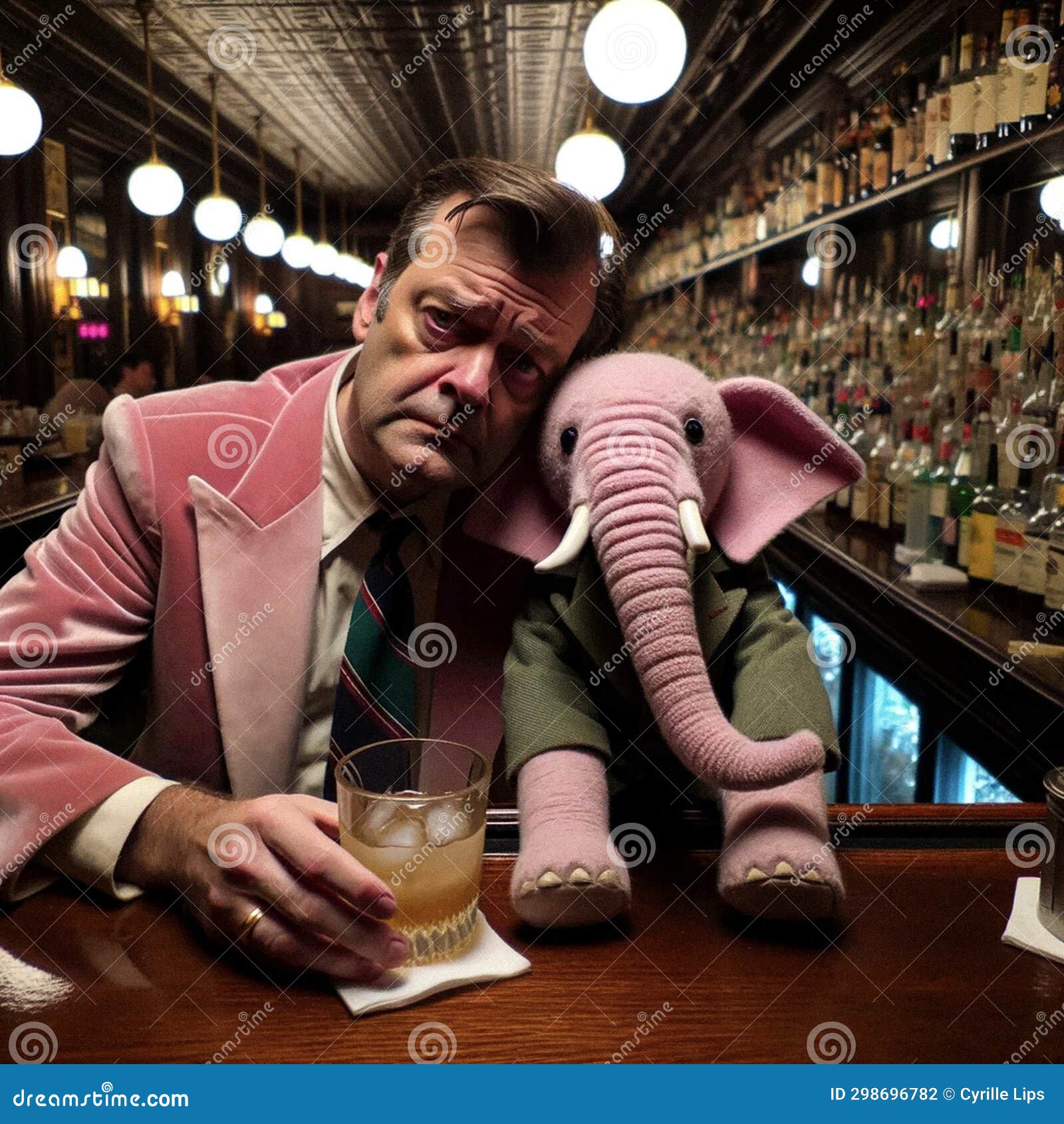 AIGenerated Image Alcoholic Man Drinking with Pink Elephant in a Bar