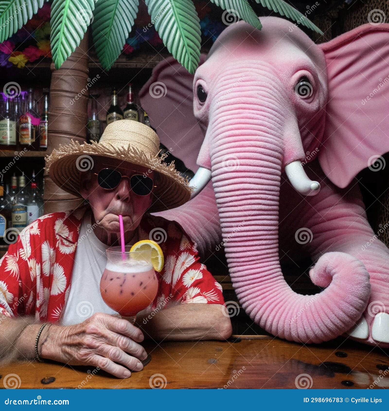 AIGenerated Image Alcoholic Man Drinking with Pink Elephant in a Bar