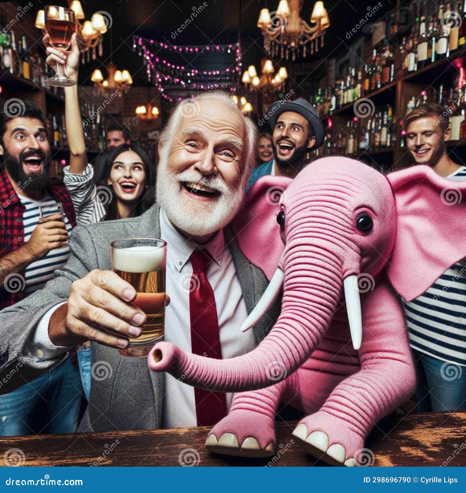 AIGenerated Image Alcoholic Man Drinking with Pink Elephant in a Bar
