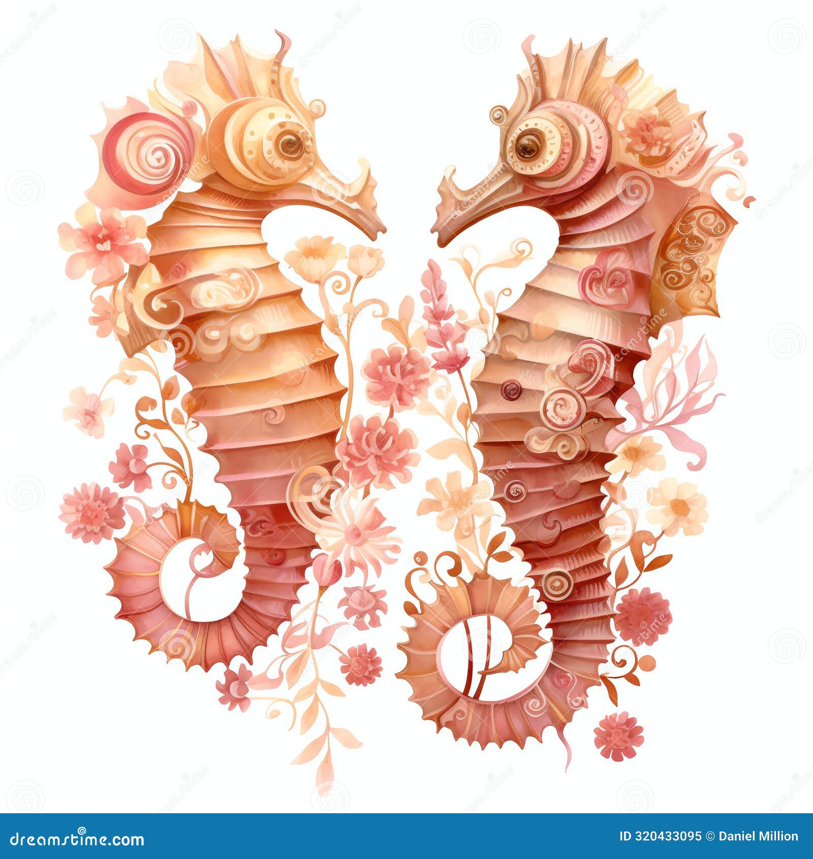 beautiful pink whimsical seahorses watercolor under the sea clipart 