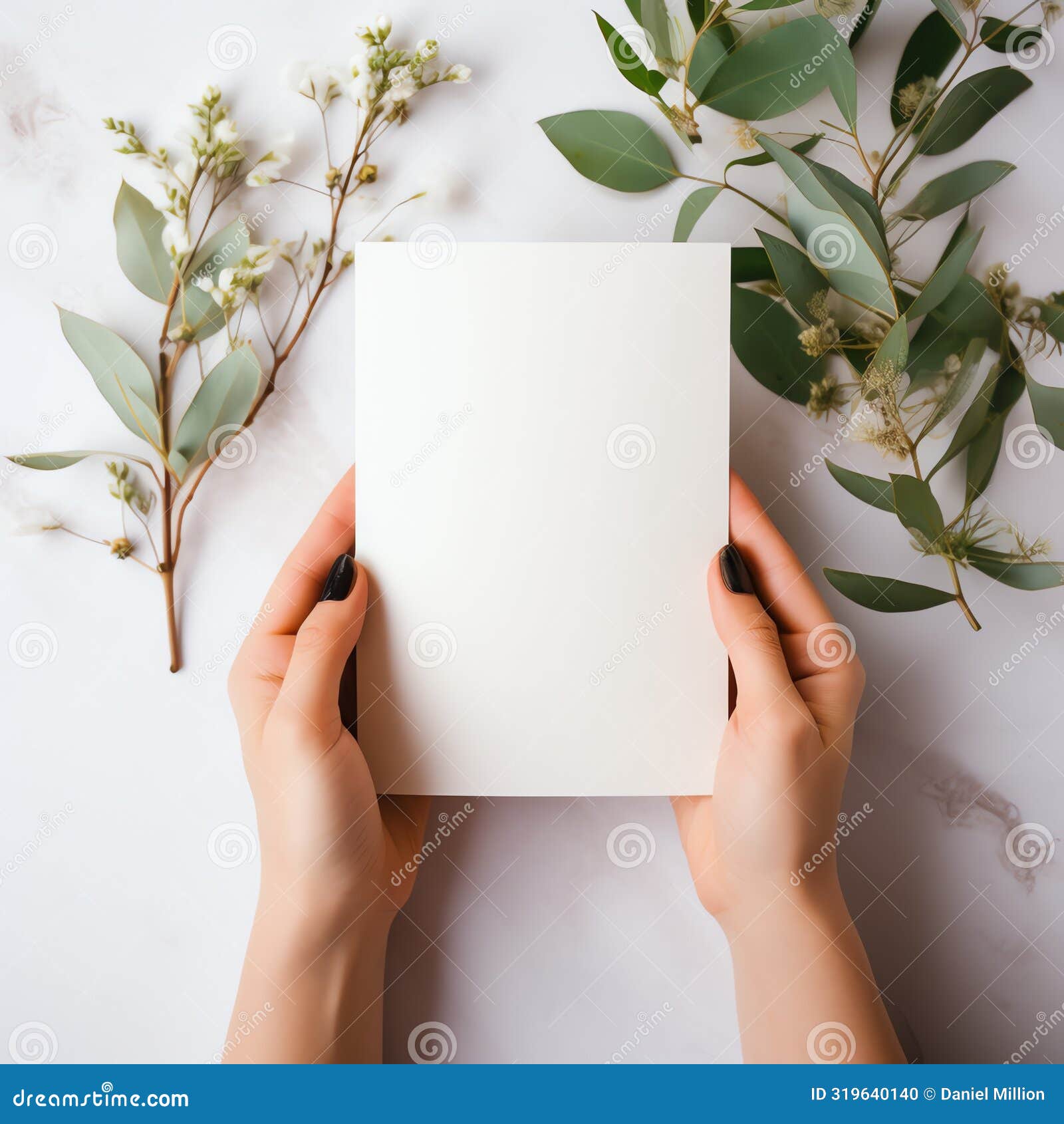 blank greeting card mockup with beautiful hands holding the greeting card vertically, romantic