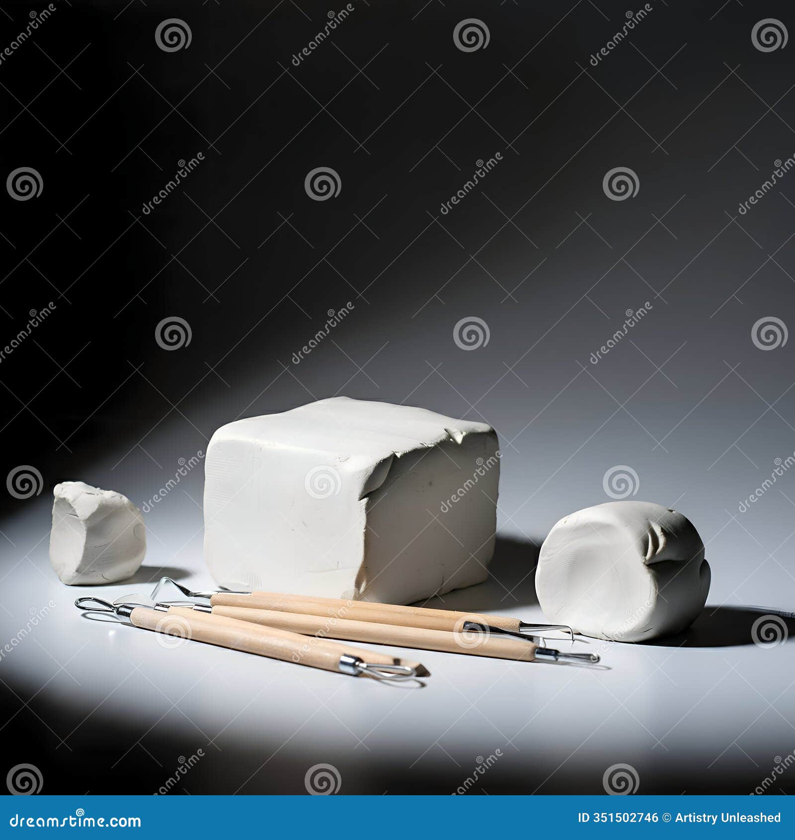 ai-generated image of a block of white clay, smaller piece of clay, and sculpting tools
