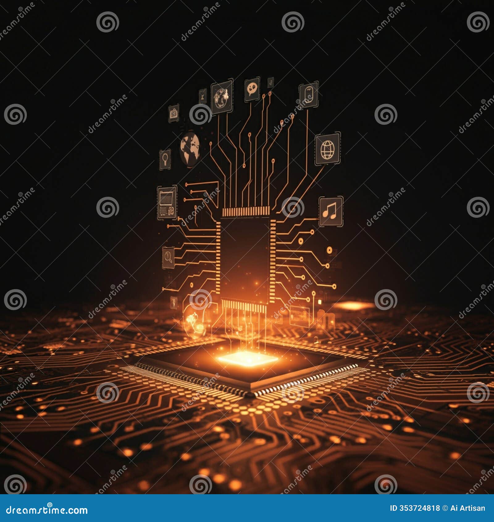ai generated image of bright orange digital circuit board with application icons
