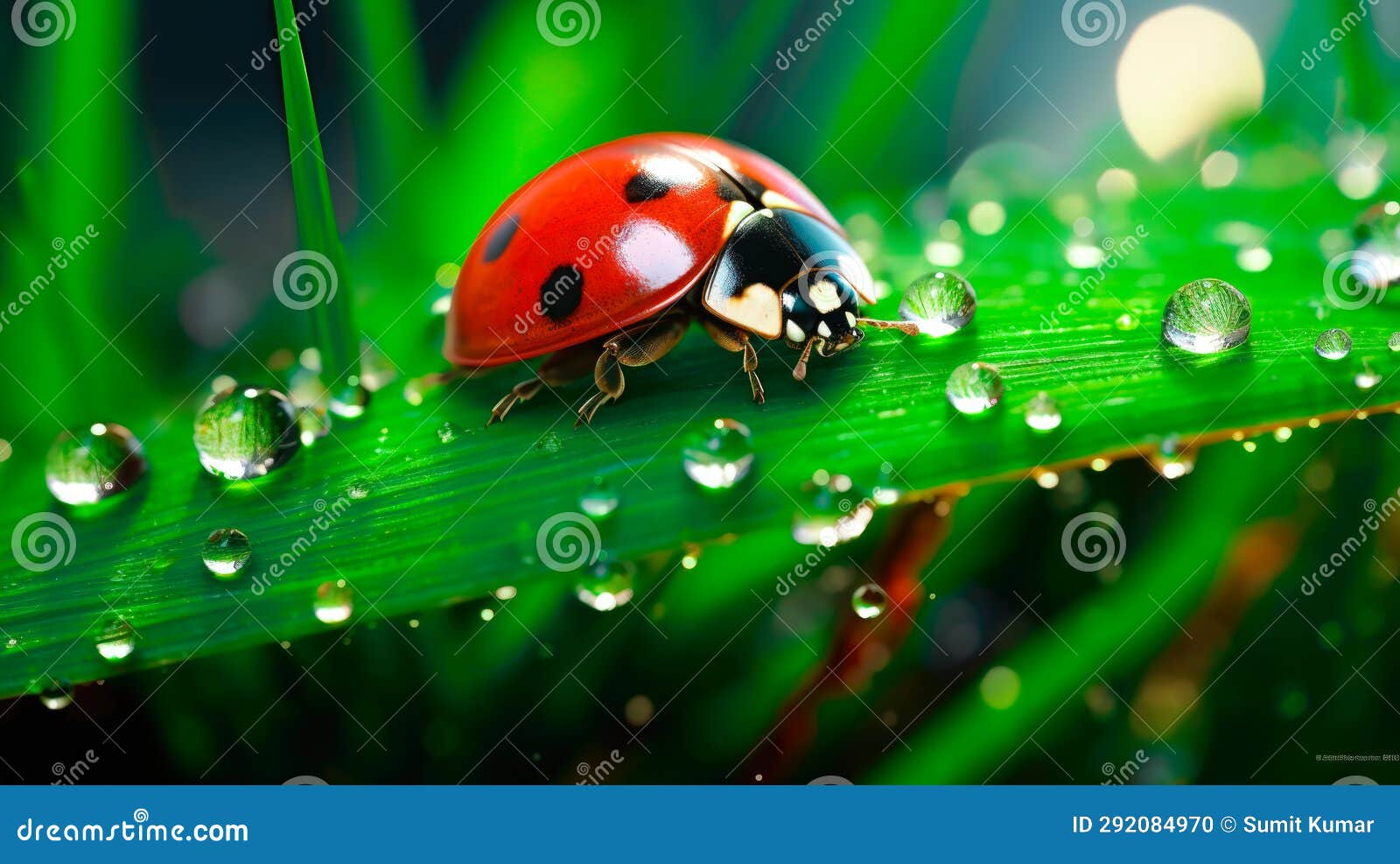 ladybug on a dewy grass blade ai generated