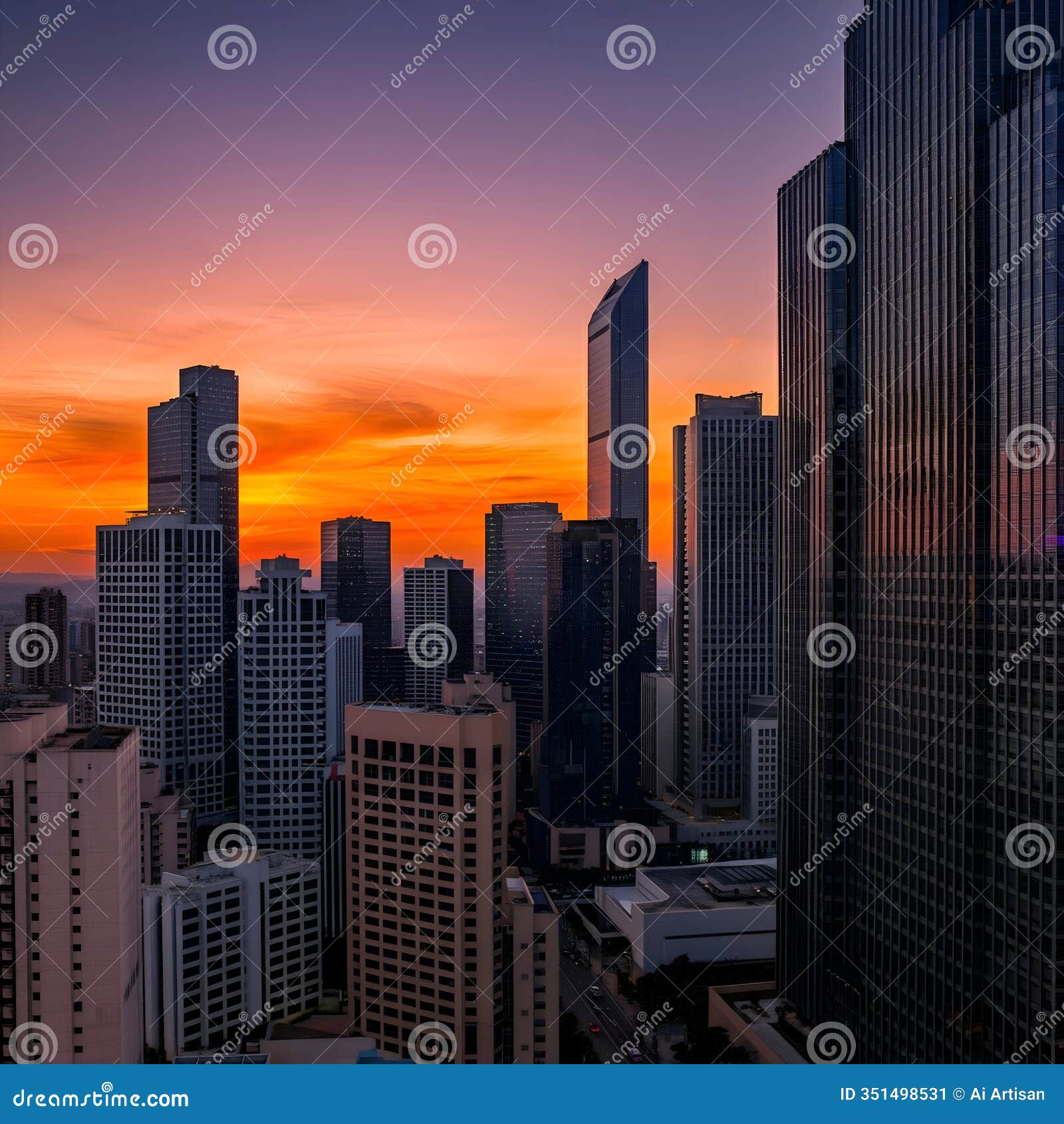ai-generated image of city skyline at sunrise with orange and purple sky