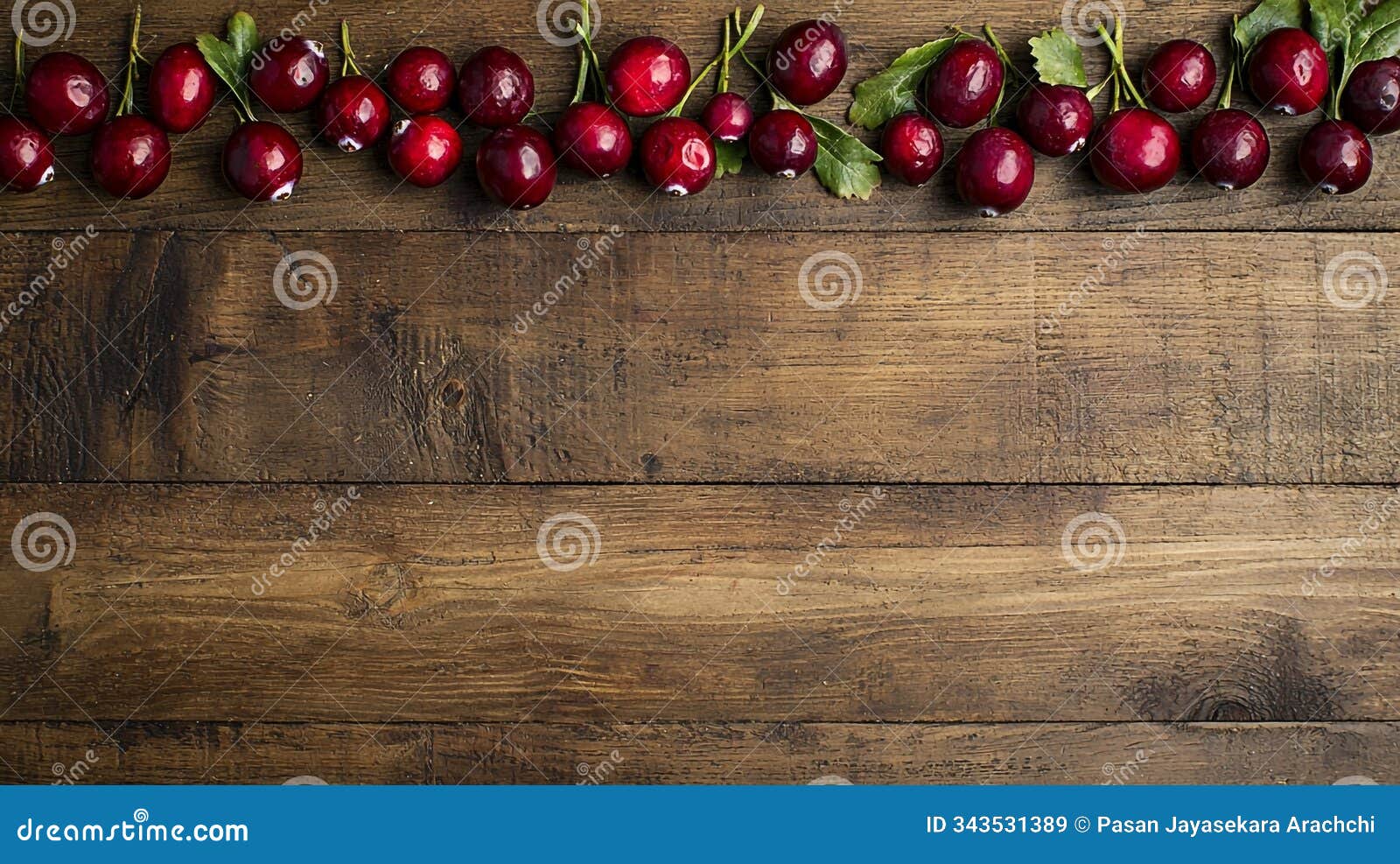 cranberries arranged linearly on wooden background