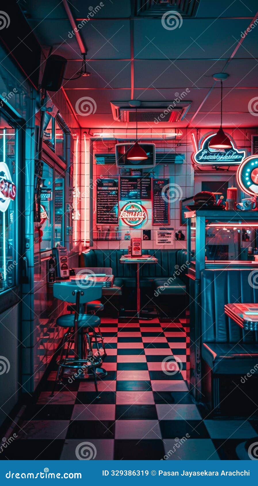 nostalgic diner with retro decor and neon signs