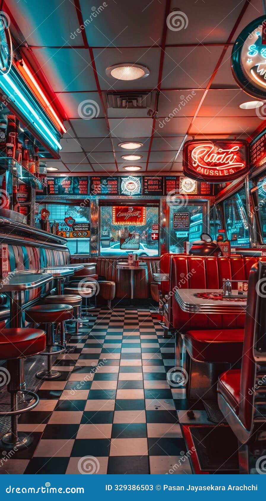 nostalgic diner with retro decor and neon signs