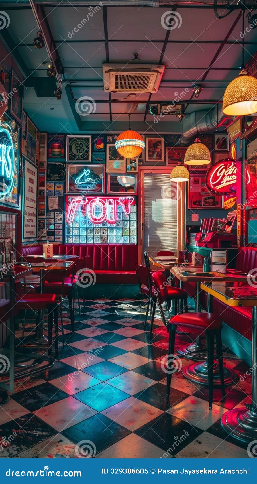 nostalgic diner with retro decor and neon signs