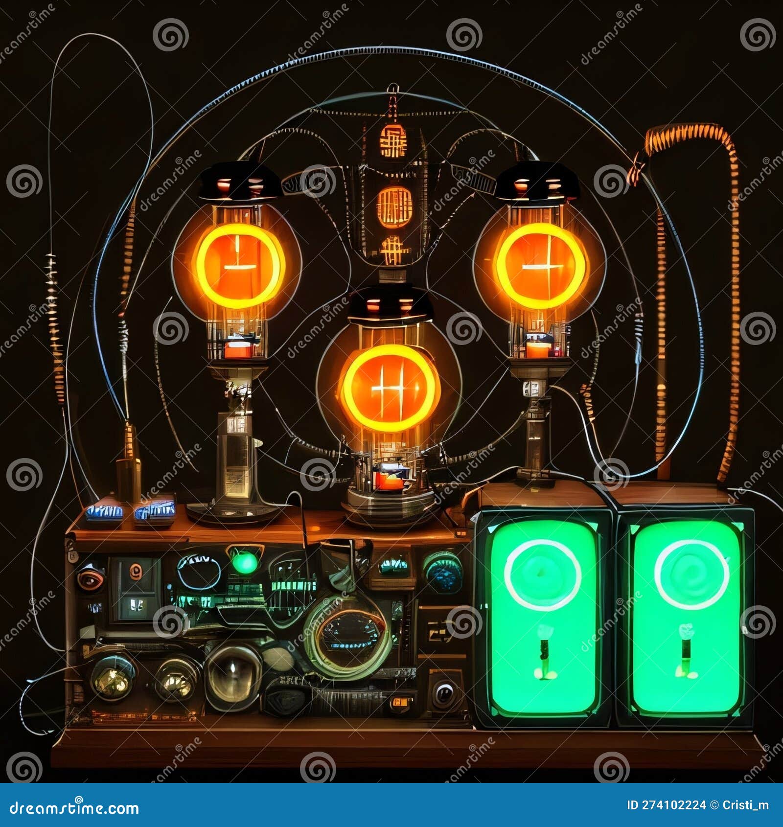 AI Generated Image Cyberpunk Device with Nixie Tubes and Vacuum Tubes