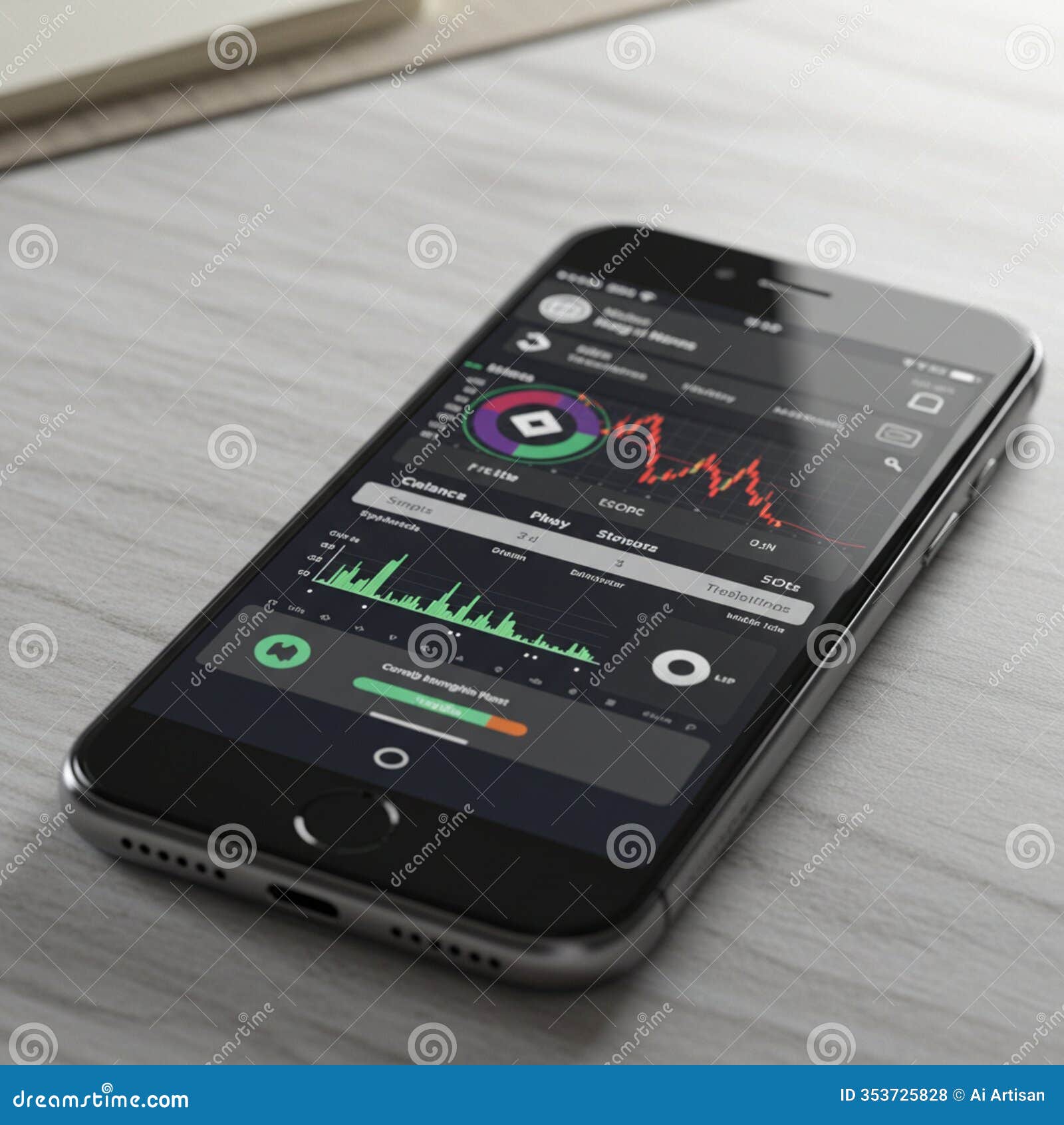 ai generated image of dark-themed phone screen with charts and data