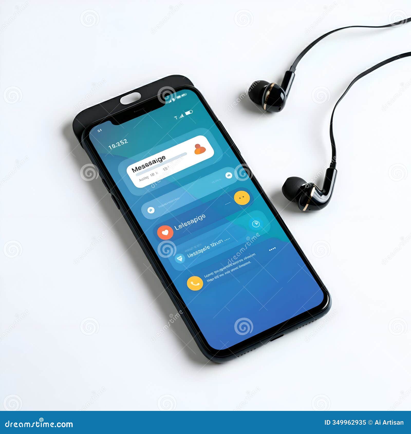 ai-generated image: smartphone with message app open and black earbuds