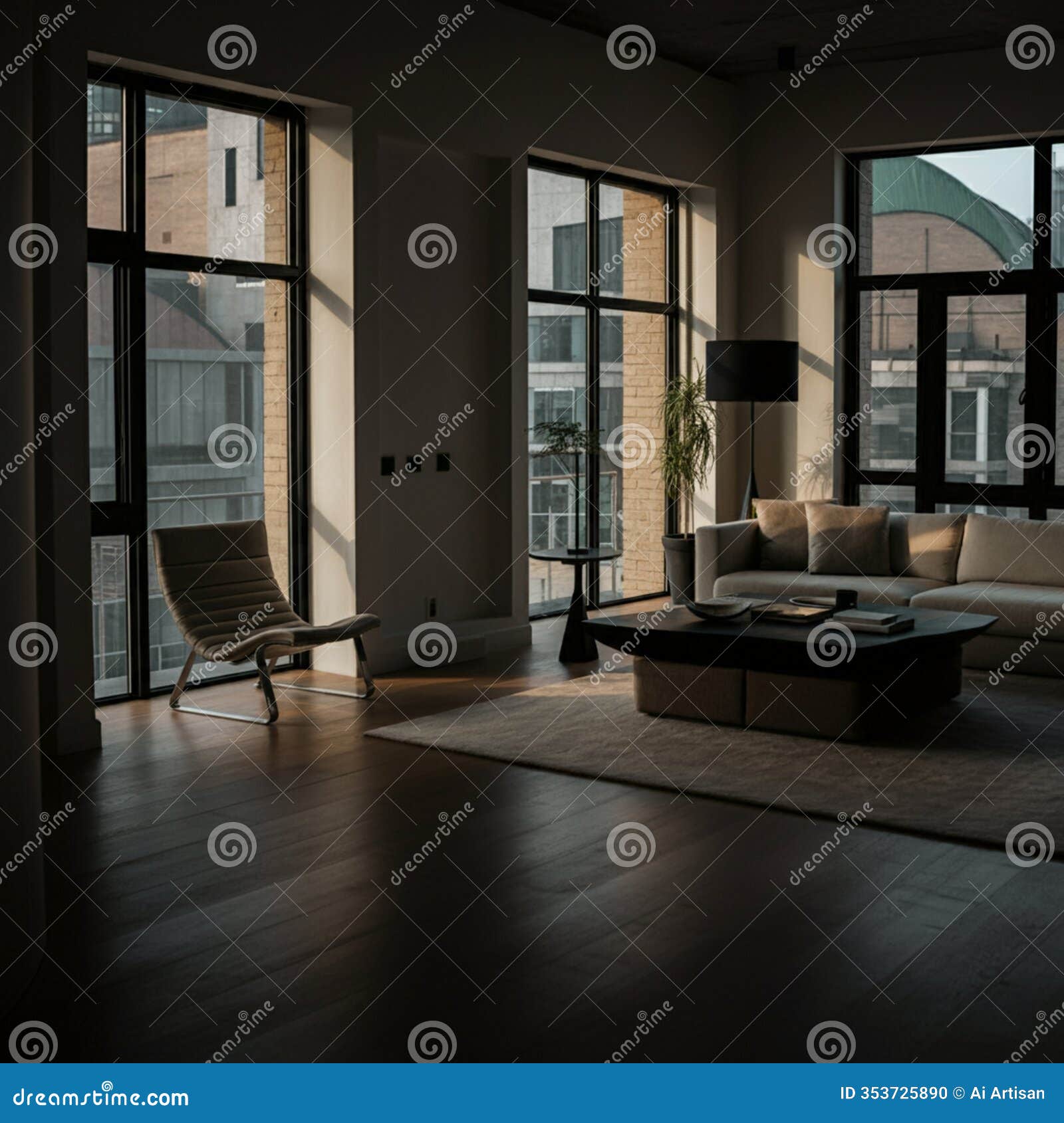 ai generated image of dimly lit living room with hardwood floors and minimalist furniture