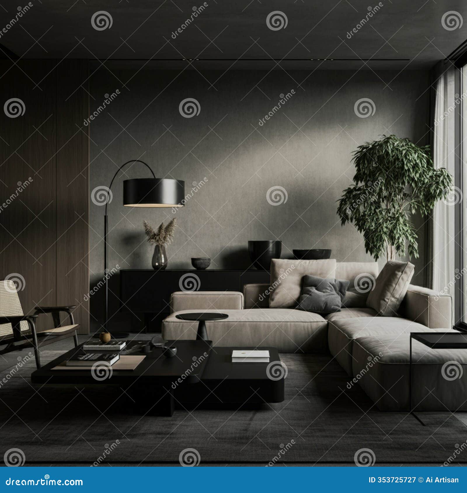 ai generated image of dimly lit modern living room with sectional sofa and statement lamp