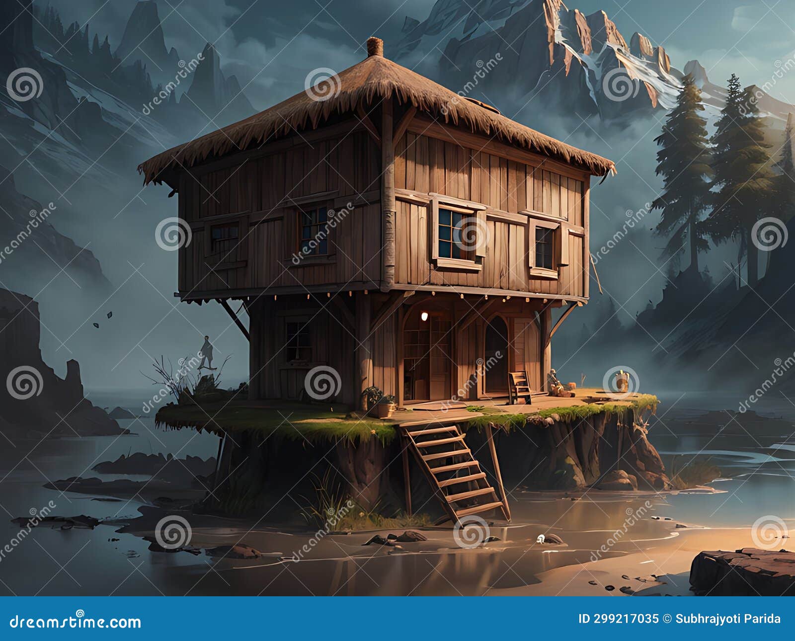 ai generated image of a double floored thatched house surrounded by mountains and standing on a pool of water