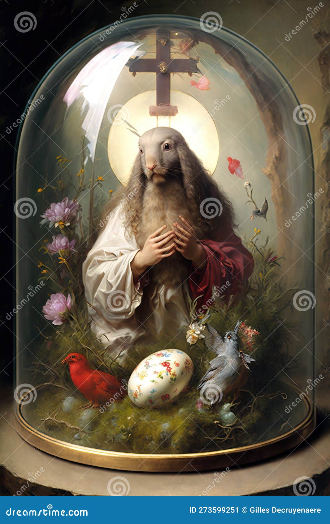 Easter Bunny Jesus Under a Glass Dome, Generative AI. Stock