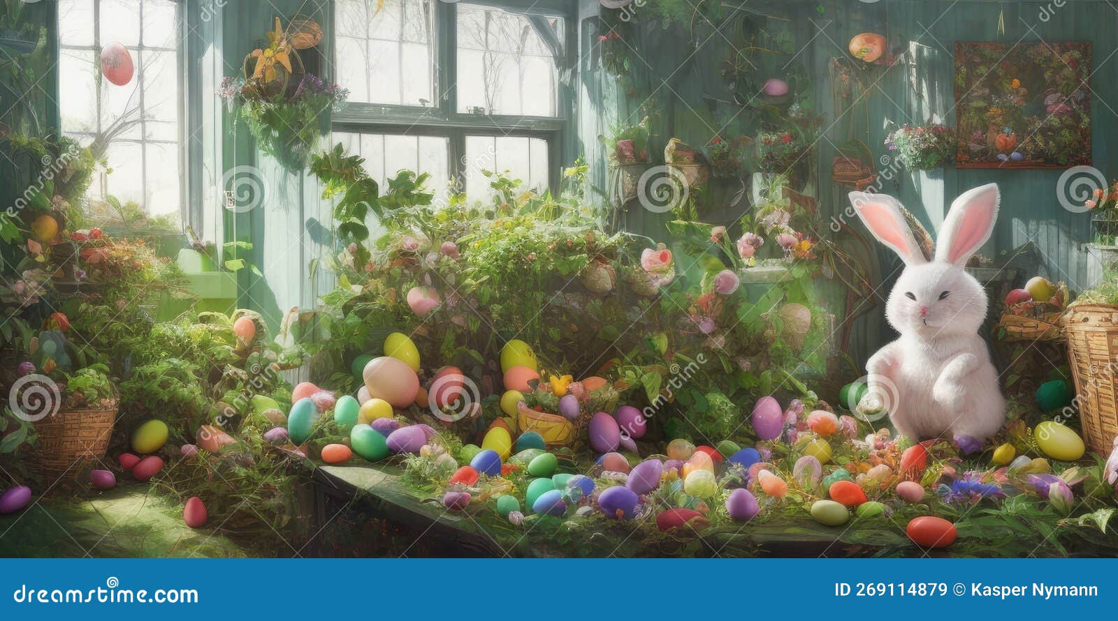 AI Generated Image of Easter Bunny in a Outdoor Shed with Easter Eggs All Around Stock Image