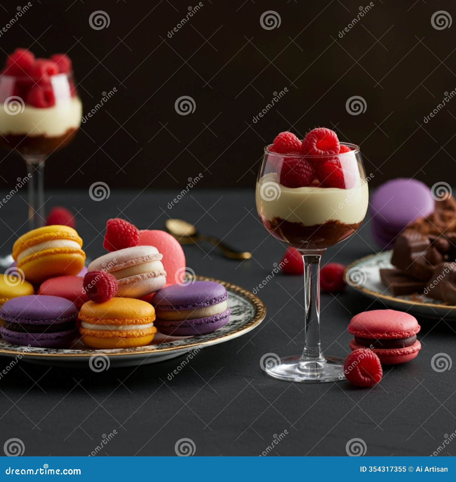 ai-generated image of colorful macarons and fresh raspberries on a tiered platter