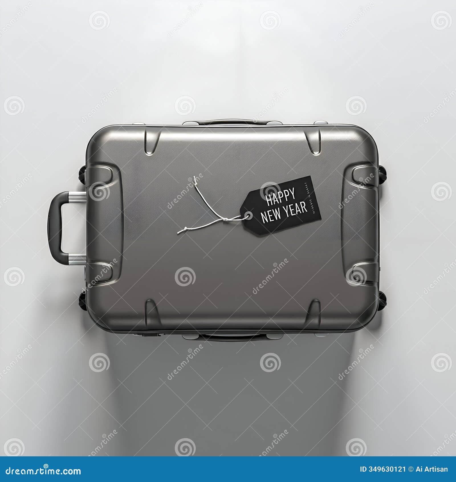 ai-generated image of a gray suitcase with a happy new year tag