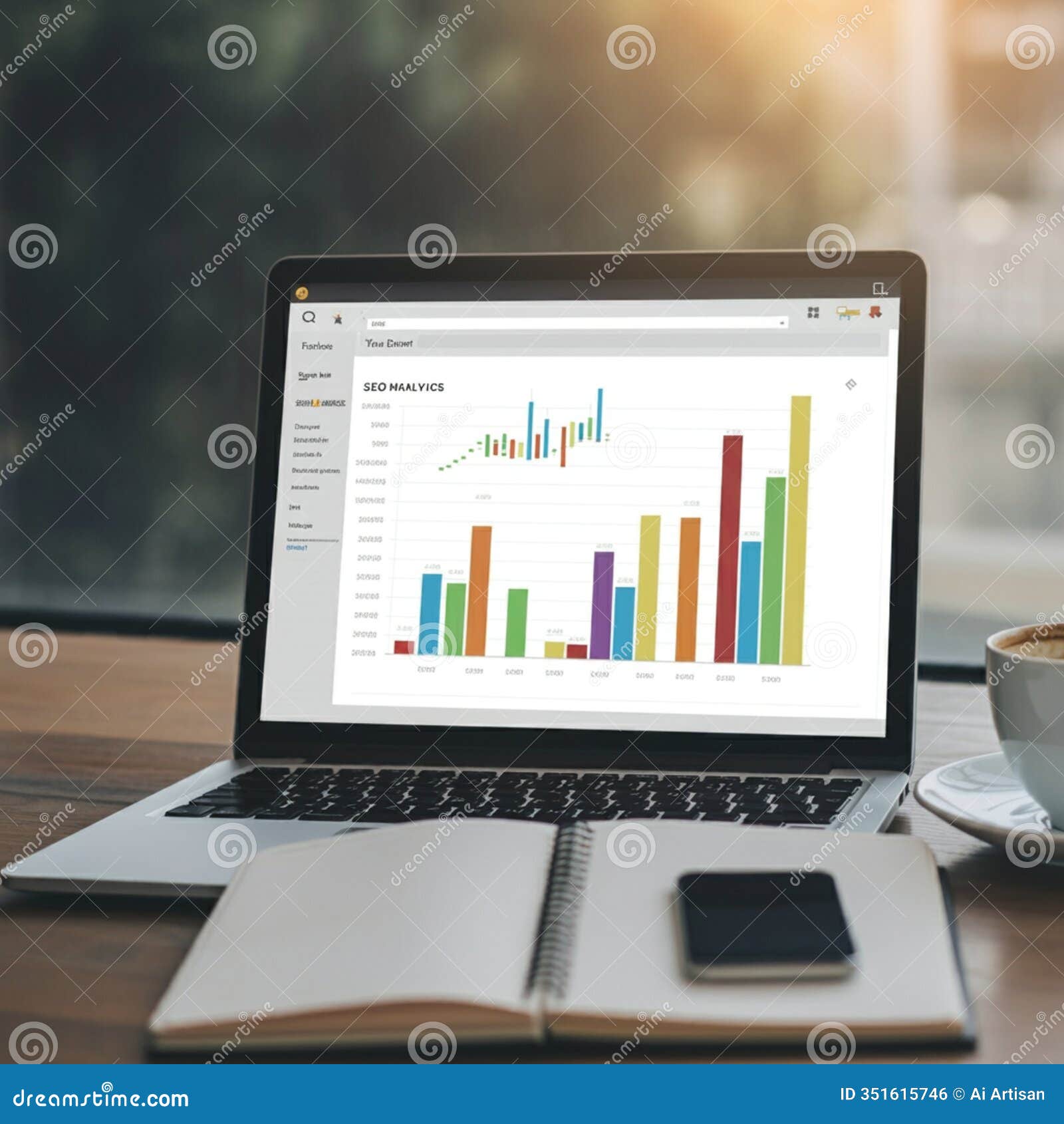 ai-generated laptop with colorful seo analytics chart, notebook, and phone on table
