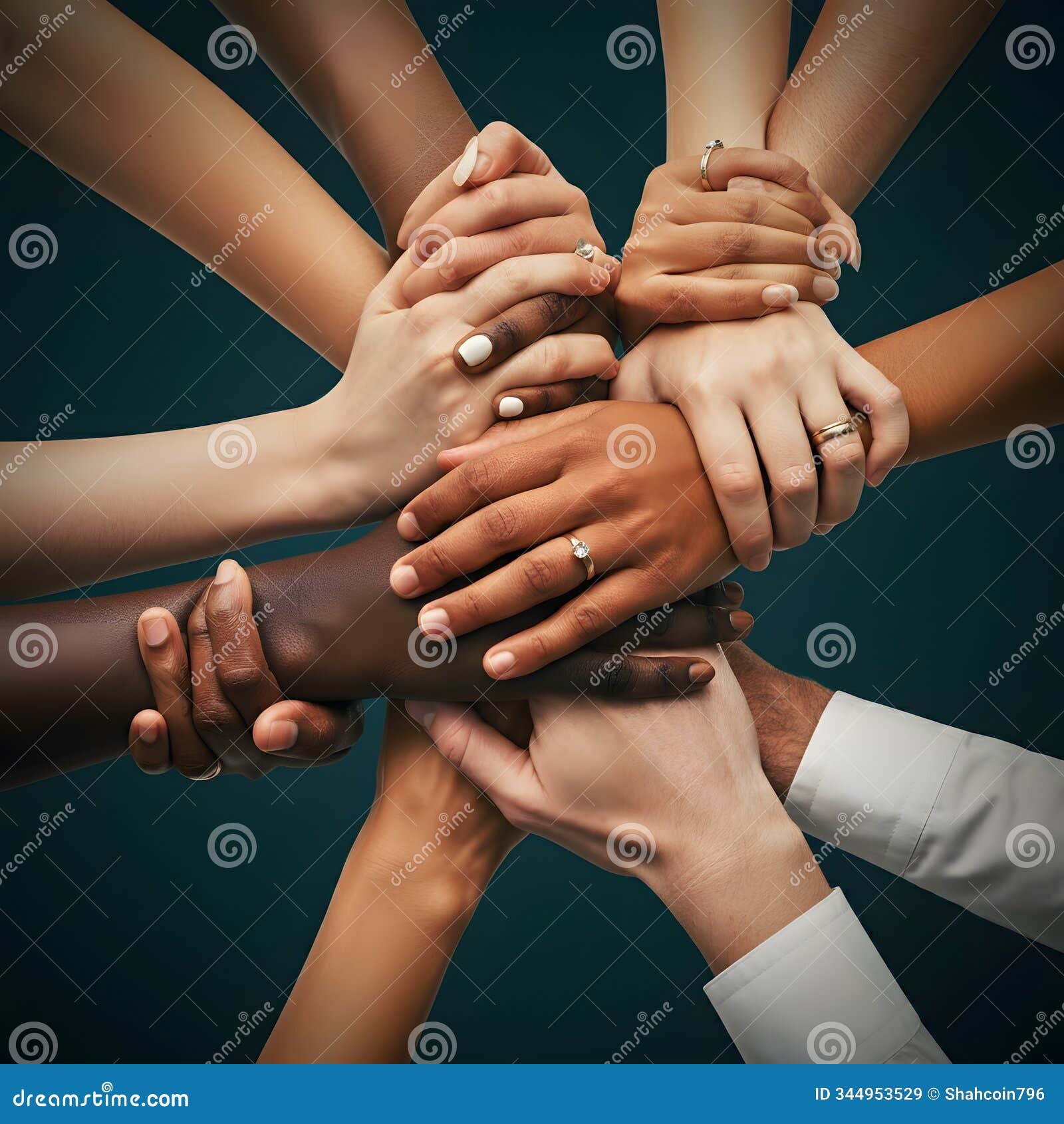 many hands with different skin tones clasped together â ai-generated  of unity