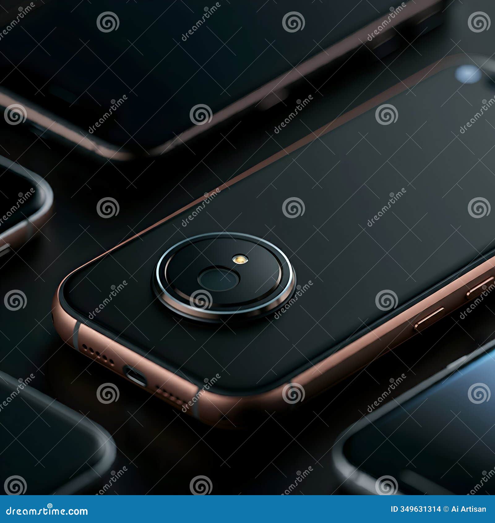 ai-generated cluster of dark smartphones, including one with a circular camera lens