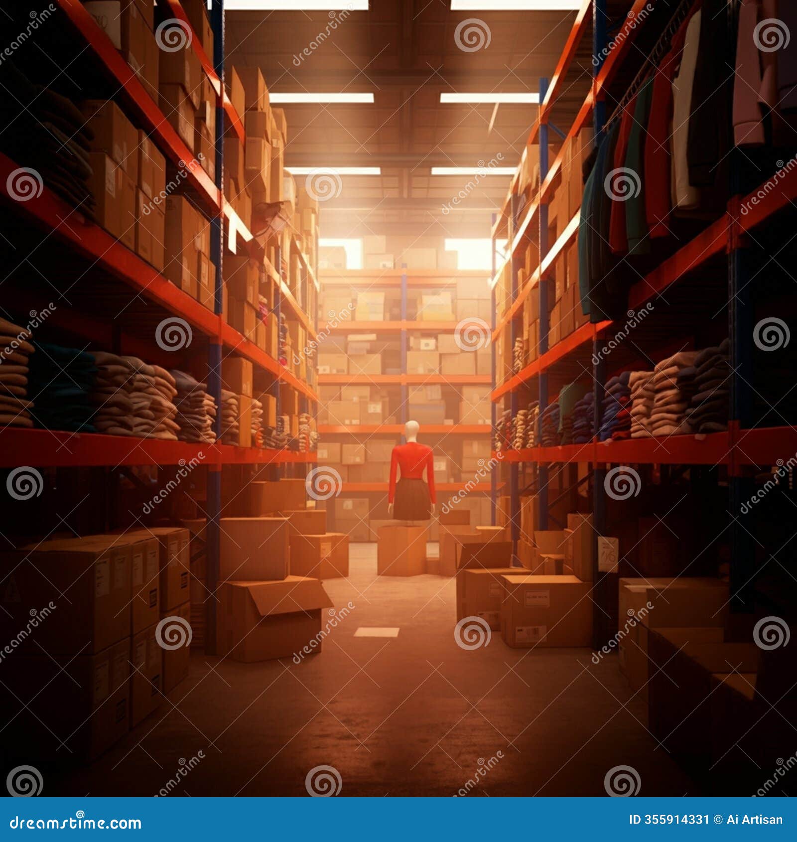 ai-generated image: warehouse aisle with boxes on high shelves