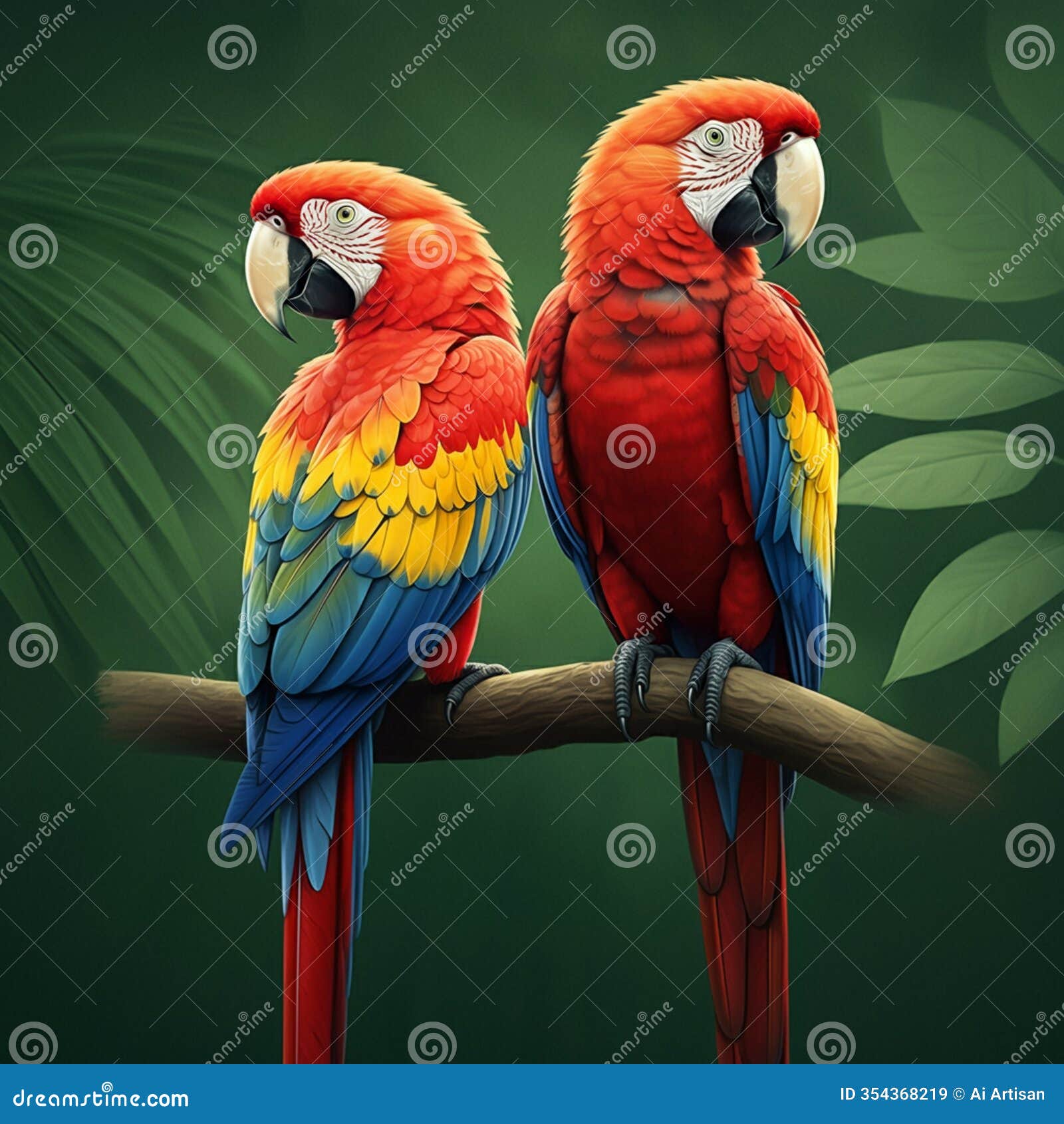 ai-generated image of scarlet macaws perched in jungle